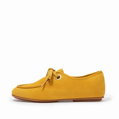 Fitflop Women's DELFINE Eyelet Suede Lace-Ups Flat Shoes - Orange Yellow, ME2157649